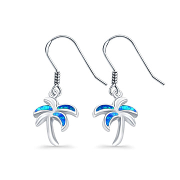 Drop Dangle Palm Tree Earrings Lab Created Blue Opal 925 Sterling Silver(16mm)